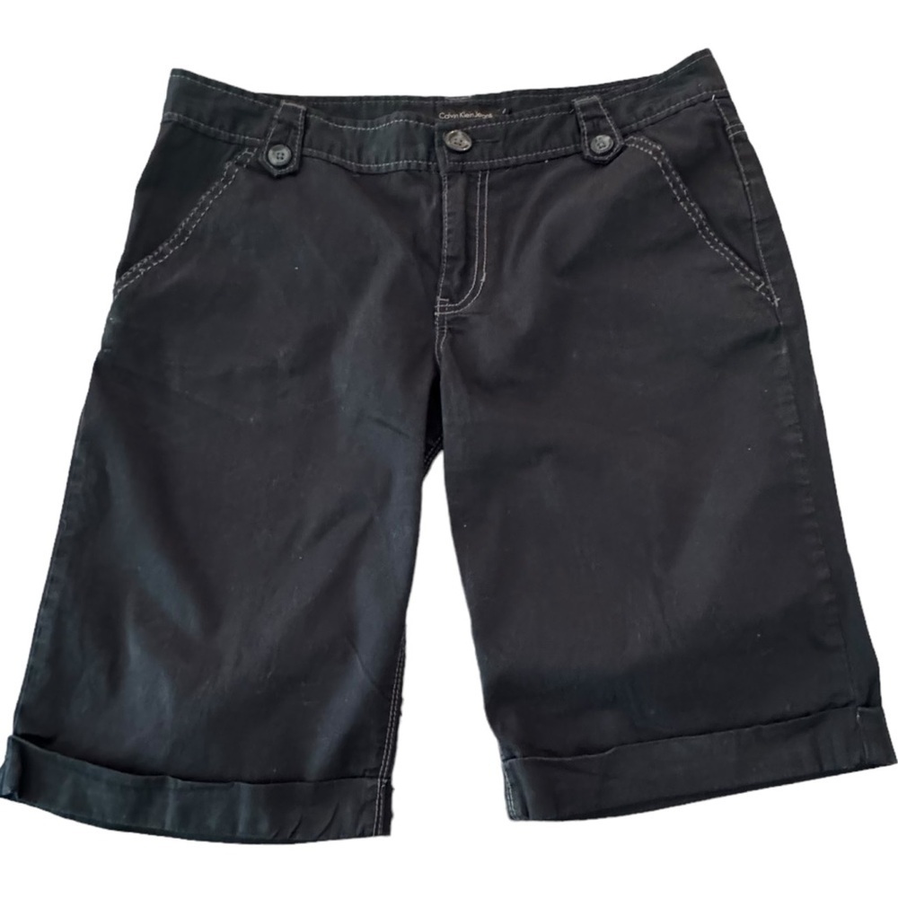 Calvin Klein Size 12 Black Chino Cuffed Gray Top Stitched Bermuda Shorts